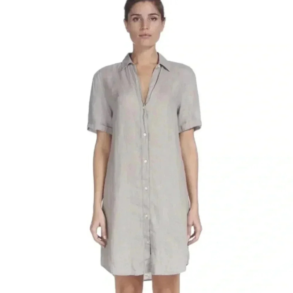 ELAN Linen Beachy Gray Collar Lagenlook Knee Length Button Front Dress Small